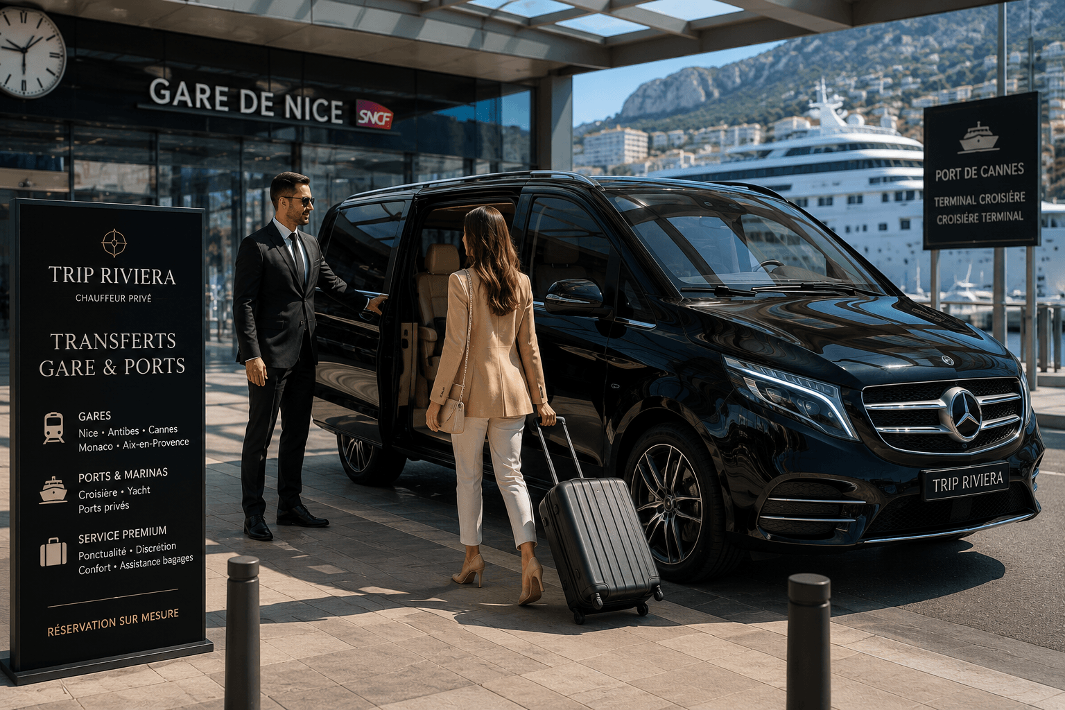 Transfert gare et port avec Mercedes Classe V et chauffeur privé sur la Côte d’Azur